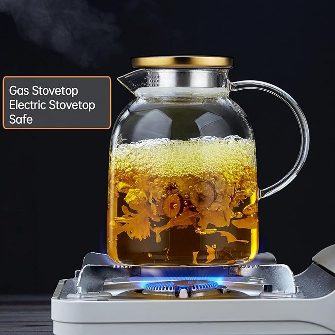 54OZ Glass Pitcher with Lid and Spout, Water Jug, Glass Carafe Water Pitcher for Hot/Cold Beverage, 1600ml for Tea, Juice, Coffee, Milk