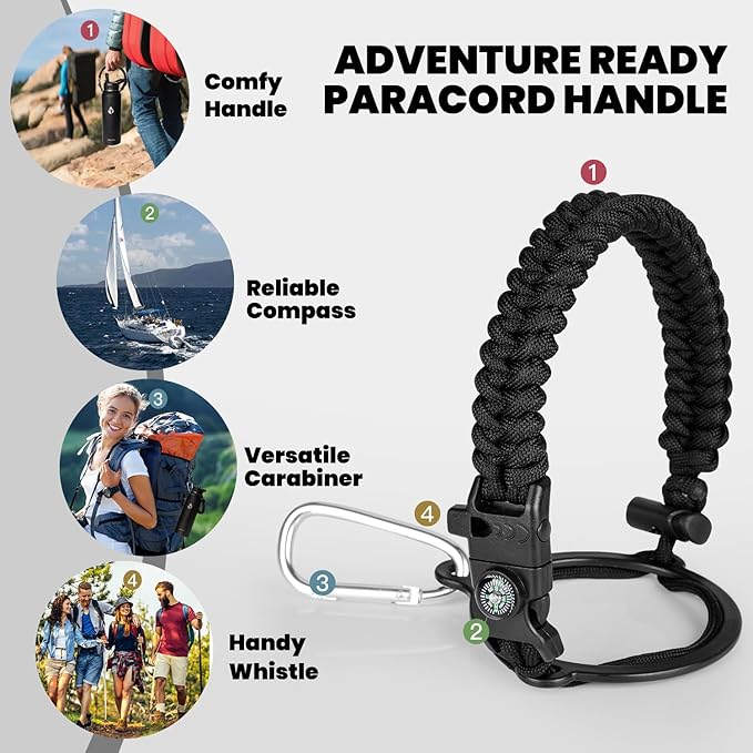 Insulated Water Bottle 40 oz, Triple Wall Vacuum Stainless Steel (Cold for 48 Hrs), Leak Proof & Non-BPA, Modern Water Flask Jug with Paracord Handle & Straw Spout Lids, Magic Black