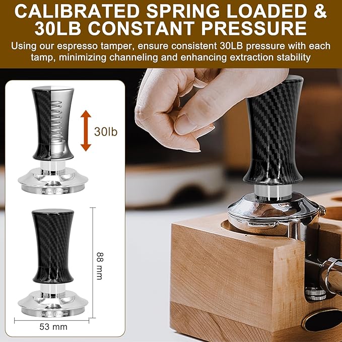 53mm Espresso Coffee Tamper for Espresso Machine: Calibrated Spring Loaded & Stainless Steel Ripple Base - Carbon Fiber Handle with Constant 30lb Fits All 54mm Portafilters | Bundle Including WDT Tool