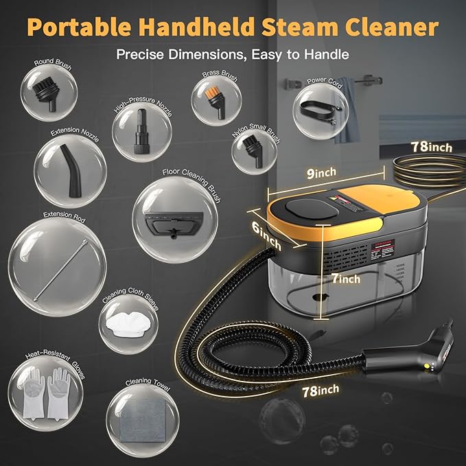 Steam Cleaner, 3-Level Adjustable Handle, 15s Heat-Up, 1.69 Quarts Tank, Portable Steamer for Cleaning with 15 pcs Accessories, Steam Cleaner for Home for Dirt, Grease, Grout, Tile,Floor, Car