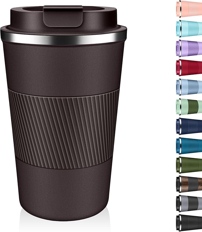 Insulated Coffee Tumbler 12 oz, Stainless Steel Coffee Mug with Lids, Travel Coffee Mug Leak Proof, Double Wall Vacuum Insulated Reusable Coffee Cup, Keep Drinks Hot and Cold, Dark Chocolate, 12 Ounce