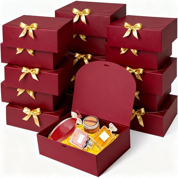WLUSEAXI 15Pack Gift Boxes with Lids, 10.6x7.8x3.1 Inches Bridesmaid Proposal Box with Ribbon, Red Gift Boxes for Presents,Kraft Paper Boxes for Wedding Christmas Birthday Baby Shower Party