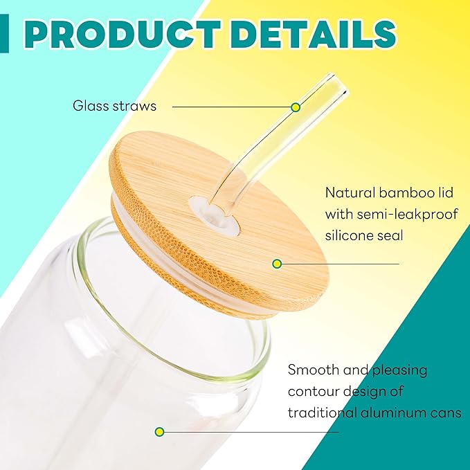 Joyclub Glass Cups with Bamboo Lids and Straws 4 Set 16 oz Reusable Iced Coffee Cup Beer Can Drinking Jars for Smoothie Whiskey Boba Soda Tea Gift