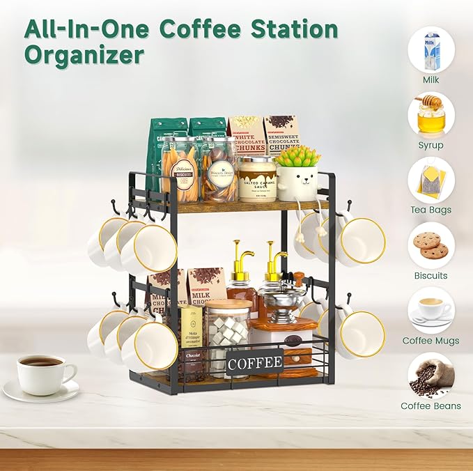 EsLuker.ly Coffee Bar Station Organizer Mug Cup Holder Stand for Countertop, Multi-Functional 2 Tier Mug Tree Rack for Kitchen, Storage Shelf with 12 Removable Hooks, Coffee Nook Enhancer