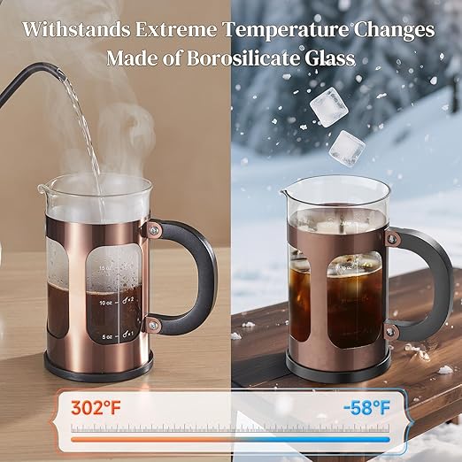 Veken French Press Coffee Maker 21oz 0.6 L, Heat Resistant Thickened Borosilicate Glass,Stainless Steel Brewer,Single Serve Small Pot, Cold Brew Cafetera Teapot for Kitchen Travel Camping, Copper