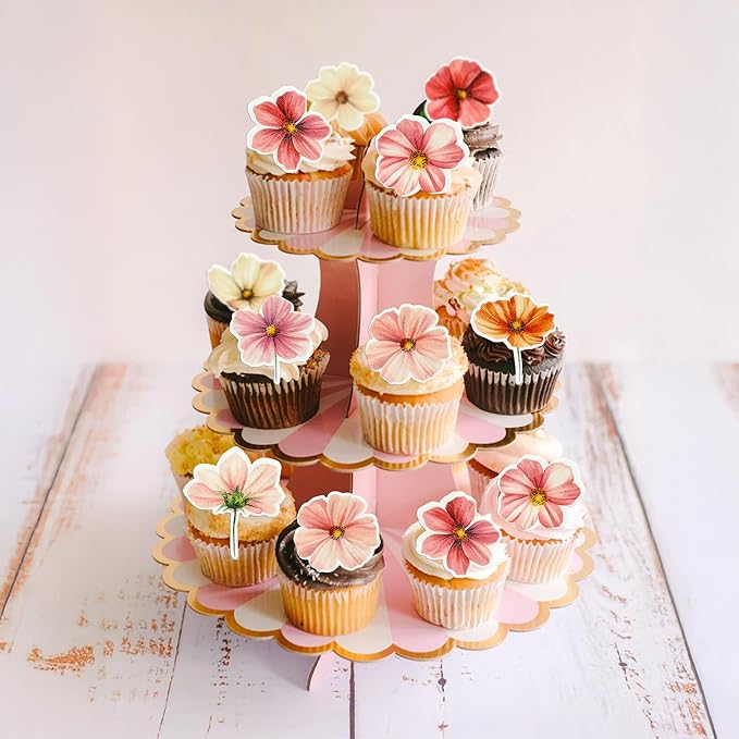 Ephlyn 50Pcs Edible Flower Cupcake Toppers Wafer Paper Spring Bridal Engagement Baby Shower Birthday Party Cupcake Picks Anniversary Party Decorations Supplies Rose Red