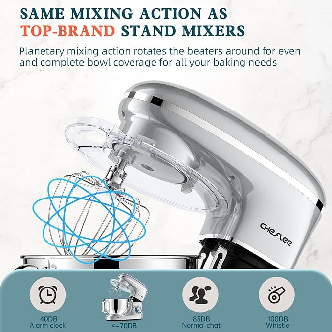 CHeflee Stand Mixer,660W 6+P With 6.5QT Stainless Steel Bowl,Dough Hook, Wire Whip & Beater,for Most Home Cooks,Silver