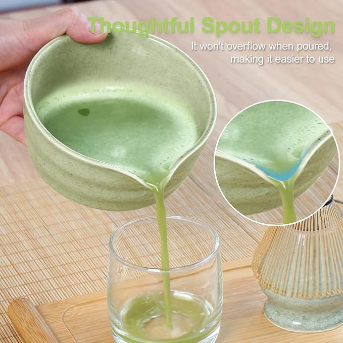 Green Matcha Whisk Making Set - Japanese Tea Kit with Whisk Bowl and Bamboo Scoop Ceramic Chawan with Spout for Traditional Tea Ceremony Complete Matcha Making Tools Gift for Tea Lovers (Green, 7 PCS)