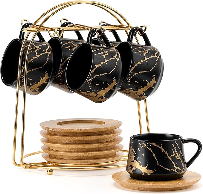 LUKA Ceramic Espresso Cups with Saucers and Metal Stand, Small 4 oz Porcelain Demitasse Cups Set of 6, Cute Cappuccino Coffee Cups for Double Espresso, Tea, Marbling Black