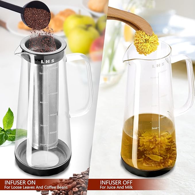 LHS Cold Brew Coffee Maker 2 in 1 Iced Coffee Maker, Glass Pitcher with Lid- 1.2Liter / 40oz, Stainless Steel Filter Removable and BPA-Free Glass Carafe for Iced Coffee, Cold Brew Tea, Juice