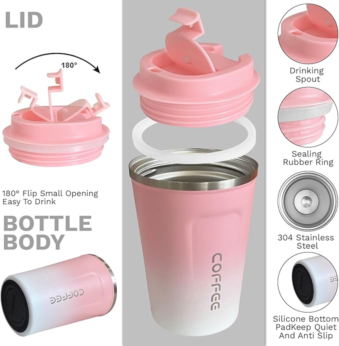 YINBAOGE Insulated Travel Coffee Mug Spill Proof Leak Proof Pobtable To Go Camping Stainless Steel Coffee Tumbler Reusable Coffee Cups with Lids Thermos for Hot and Cold Drink (2nd-Pink White, 17 OZ)