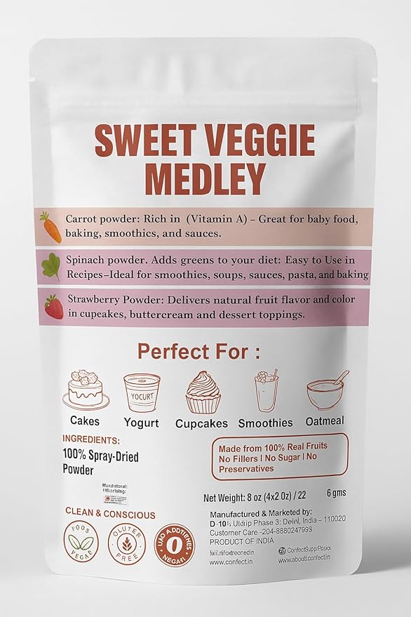 Confect Sweet Veggie Medley – 3 x 1.76 Oz Fruit & Veggie Powder Blend | Carrot, Spinach & Strawberry | For Pancakes, Muffins, Gummies & Frozen Treats | Kid-Friendly, No Sugar – 5 Oz