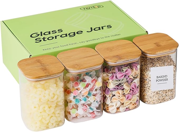 Glass Food Storage Containers with Bamboo Lids, 34 Oz High Borosilicate Glass Jars for Coffee Bean, Candy, Cookie, Flour, Square