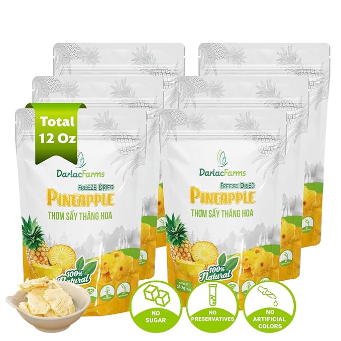 DARLAC FARMS Freeze Dried Pineapple Slices, Pack 6, No Sugar Added, Healthy Fruit Snacks for Kids, Adults & All Ages, Premium Organic Crispy Crunchy Snacks, Tea, Smoothie, 2 Oz Each