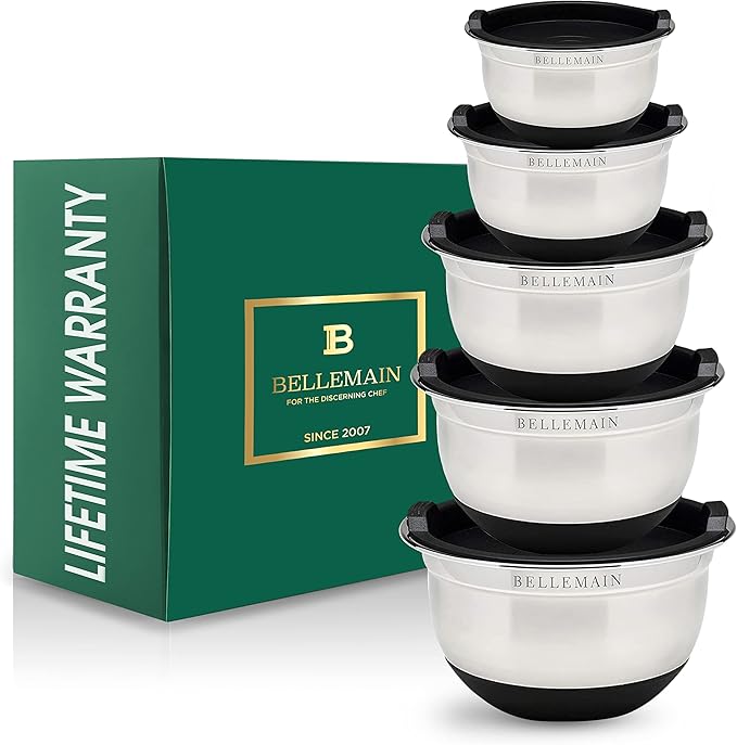 Bellemain Stainless Steel Non-Slip Mixing Bowls with Lids (5 Piece, Silver/Black)