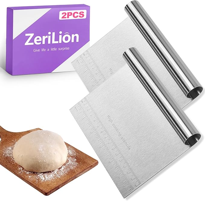 2 Pack Stainless Steel Dough Cutter Scraper Set - Bench Scraper & Pastry Knife with Measuring Marks - Bread Dough Baking Professional Kitchen Tool
