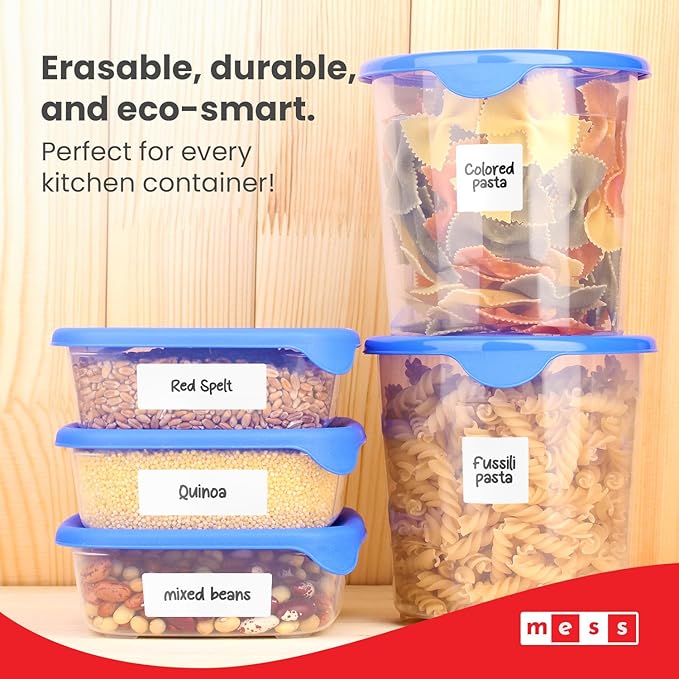 MESS Removable Food Labels for Containers (96-Pack) 1x3" & 1.5" Erasable Kitchen Labels for Organizing, Freezer & Fridge, White Dry Erase Labels for Jars