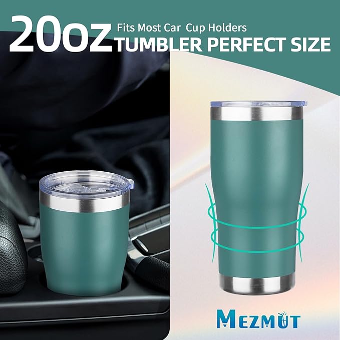 MEZMUT 20oz Coffee Tumbler with Lid and Straw Double Wall Vacuum Insulated Cup Stainless Steel Travel Mugs Insulated for Hot and Cold Leakproof Powder Coated Tumbler for Indoor and Outdoor(Deep Green)