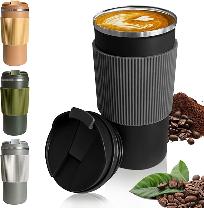 YINBAOGE Upgraded Insulated Travel Coffee Mug, Spill Proof & Leak Proof, Portable Camping Stainless Steel Tumbler, Reusable Coffee Cup with Lid, Thermos for Hot & Cold Drinks (4th-Black, 15OZ)