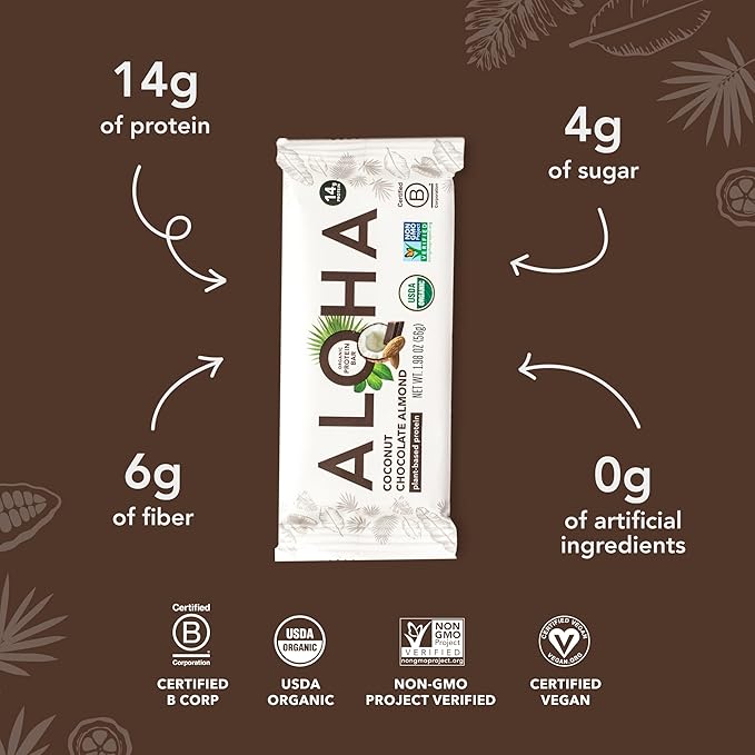 ALOHA Organic Plant Based Protein Bars - Chocolate Coconut Almond, Vegan, Low Sugar, Gluten-Free, Low Carb, Non-GMO, No Stevia, No Erythritol - 12 Count (Pack of 1)