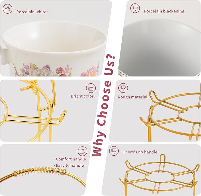 20-Pieces Porcelain Bone china Tea Sets,Gold Rim Coffee Set with Golden Metal Rack,Tea Gift Sets for Home&Party(003)