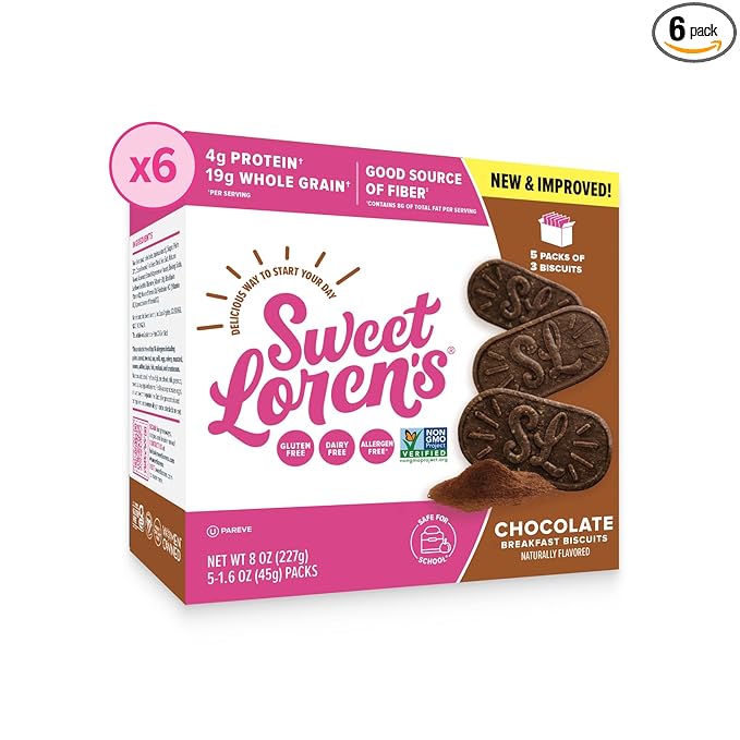 Sweet Loren's Vegan Breakfast Biscuits | Chocolate | 4g Protein, 19g Whole Grains | Plant Based, Gluten Free, Dairy Free, Nut Free Snacks | 6 Pack (30 Total Biscuits, 1.6 ounce each)