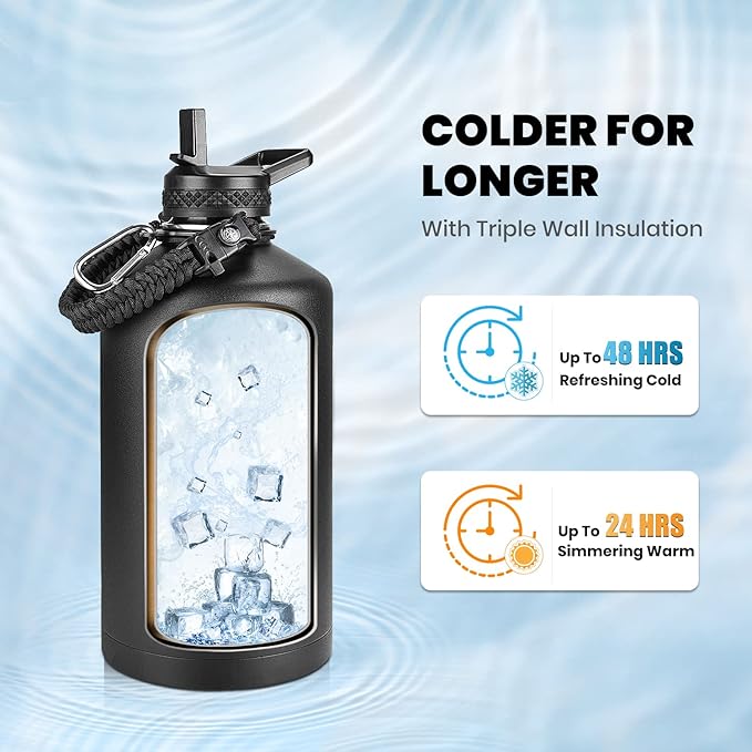One Gallon Water Bottle Insulated, Triple Walled Vacuum Stainless Steel (Cold for 48 Hrs), Leak Proof & Non-BPA, Large Water Flask Jug with Paracord Handle & Straw Spout Lids