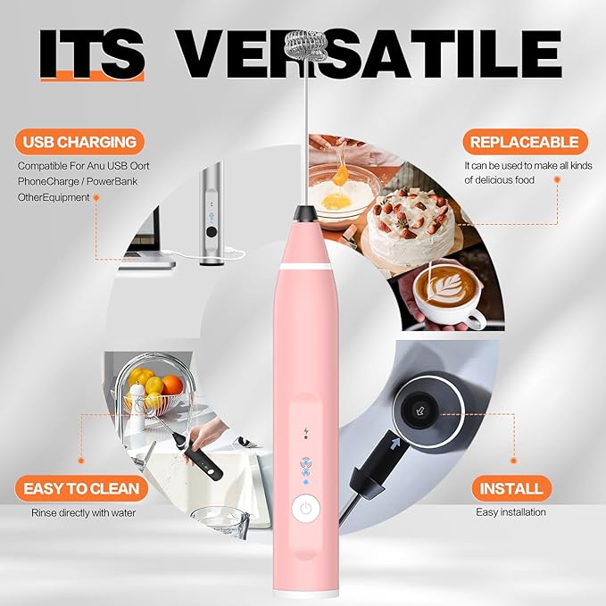 Milk Frother Rechargeable Handheld Electric Whisk Coffee Frother Mixer with 2 Stainless whisks 3 Speed Adjustable Foam Maker Blender for Coffee Matcha Latte Cappuccino Hot Chocolate(Classic Pink)