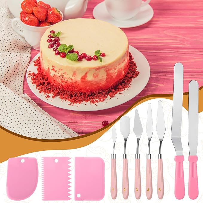 10 Pcs cake spatula set Decorating Kit Baking Supply Accessories Tools for Beginners and Pros Includes 2 Frosting Straight Angled Spatula 3 Icing Smoother Scrapers 5 Pieces Cream tools(Pink)