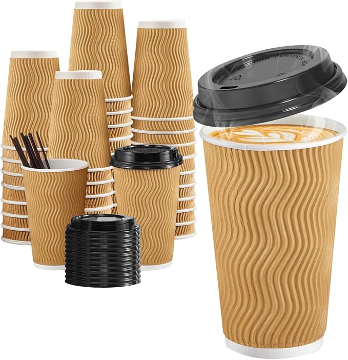 80 Pack 16 OZ Disposable Coffee Cups with Lids and Straws, Insulated Paper Coffee Cups with Lids, Corrugated Ripple Wall To Go Cups for Hot Drink, Coffee, Hot Chocolate, Water, Juice - Champagne