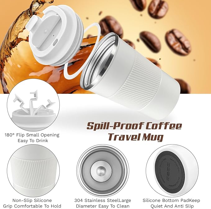 Vacuum-Insulated Stainless Steel Travel Coffee Mug, Leak-Proof Reusable Coffee Cup with Lid - Keep Hot & Cold Drinks for Hours, Durable Thermos Tumbler for Men & Women (3rd-White, 17OZ)