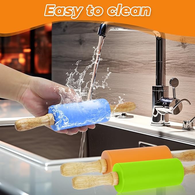 4 Pack Mini Rolling Pin for Kids, 9 Inch Wooden Handle Rolling Pin Non-Stick Silicone Rolling Pins for Children Cake Baking