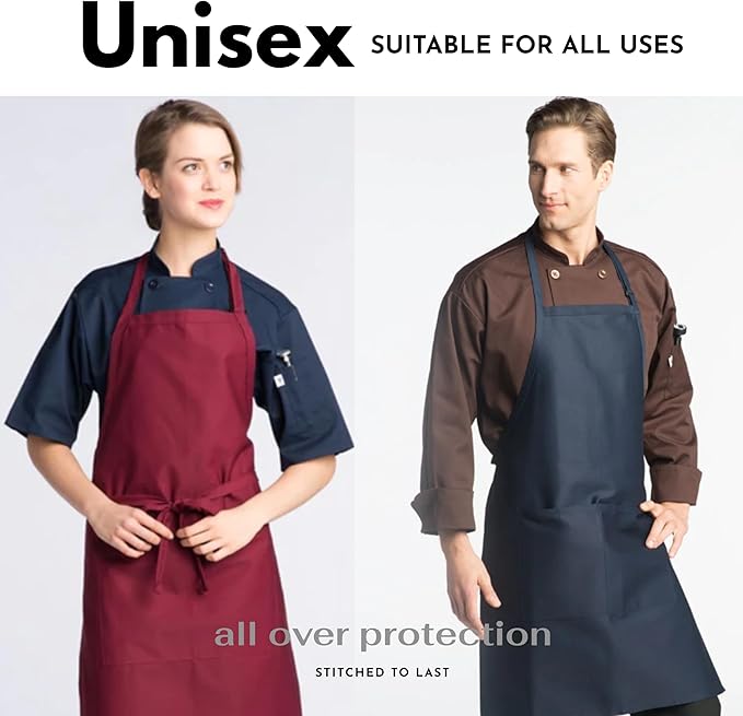 Pomp 2 Pack Premium Bib Aprons | Adjustable Neck + 2 Pockets | Water + Oil Resistance | Men & Women's Kitchen Cooking Aprons