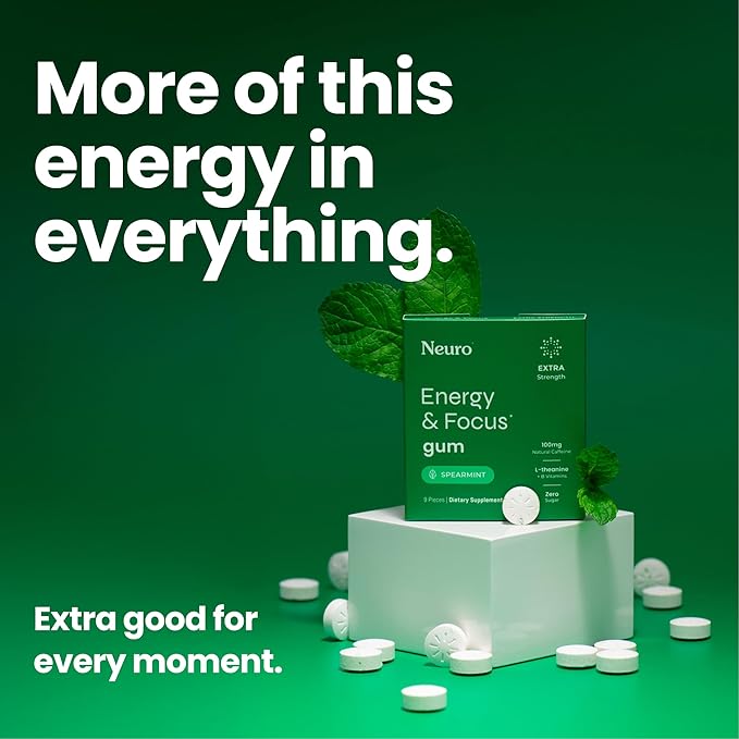 Neuro Energy & Focus Gum, Extra Strength - 100mg Natural Caffeine Gum & Nootropic Energy Supplement with L-Theanine & B Vitamins - Sugar Free, Vegan - Spearmint, 54ct