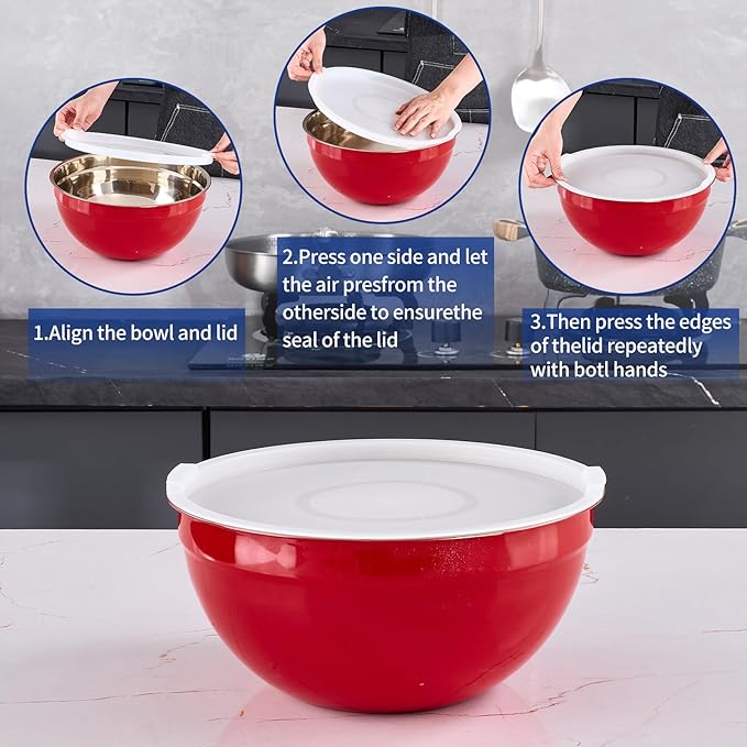 Red Mixing Bowls With Airtight Lids,Stainless Steel Bowl,Salad Bowls 7 Piece Colorful Nesting Bowl Red Kitchen Accessories,Size 7,3.6,2.7,2.1,1.5,1.1,0.8QT Stackable Design