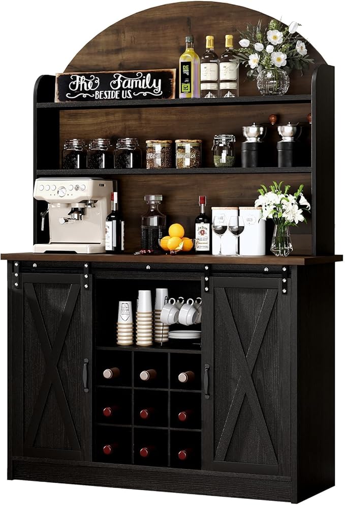 63" Farmhouse Coffee Bar Cabinet with Storage, Black Coffee Bar with Sliding Doors & Wine Racks, Hutch Cabinet with Storage, Adjustable Shelves, Wine Bar for Kitchen Living Dining Room, Black