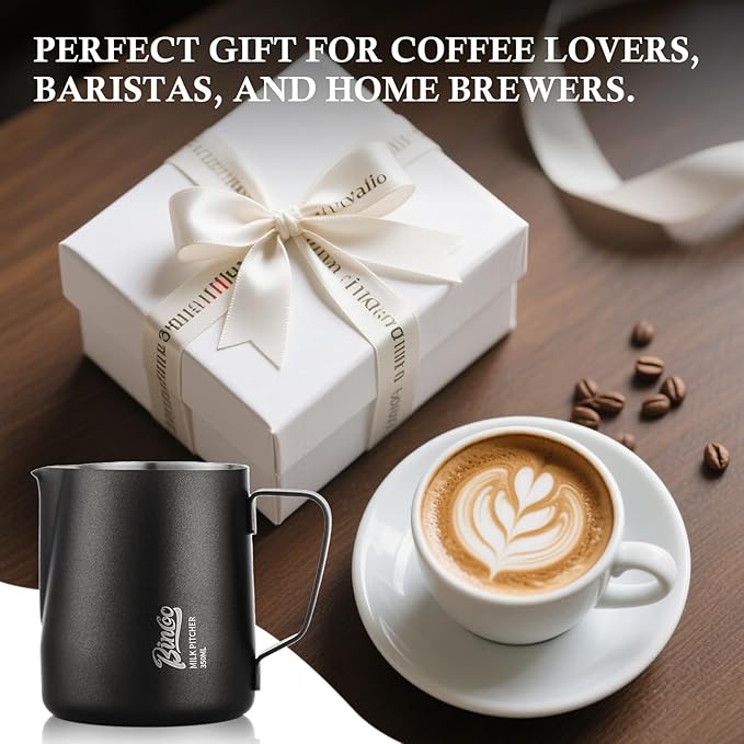 Milk Frothing Pitcher - 350ml/12oz Milk Frother Cup Espresso Steaming Pitcher for Barista, Bincoo SUS304 Stainless Steel Espresso Steaming Pitchers for Latte Art/Cappuccino/Coffee (Black-350ml)