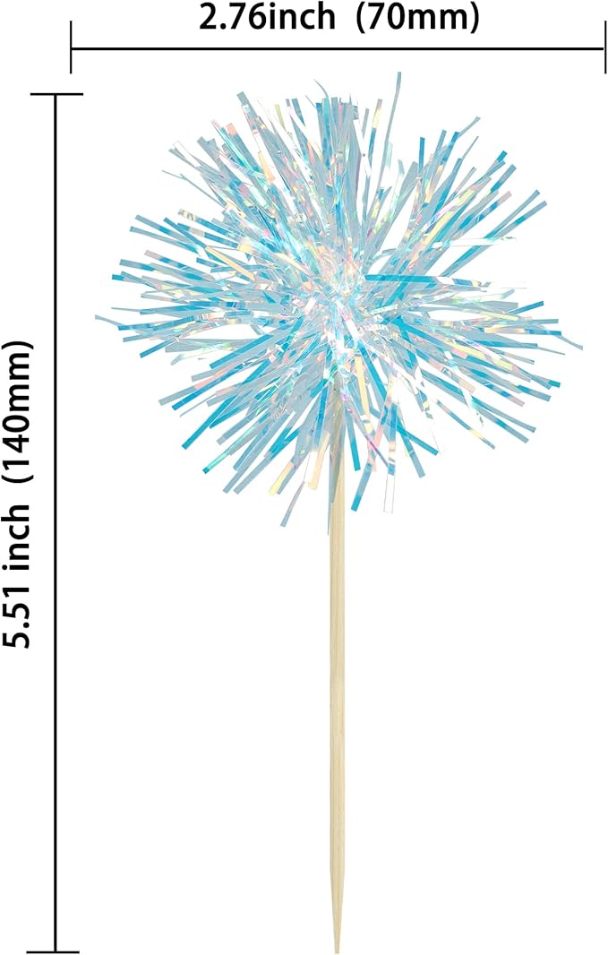 Gyufise 30Pcs Foil Firework Cupcake Toppers Sparkle Tinsel Cake Toppers Tinsel Drink Cake Decoration Cocktail Picks for Birthday Wedding Graduation Party Supplies Laser Blue
