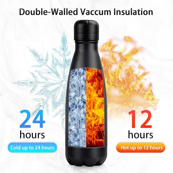 Insulated Water Bottle, 2 Pack-12oz Stainless Steel Water Bottles with straw lid, Metal Sports Water Bottles for Boys,Girls, Double Wall Vacuum BPA-Free Flask for School,Sports & Travel-Black