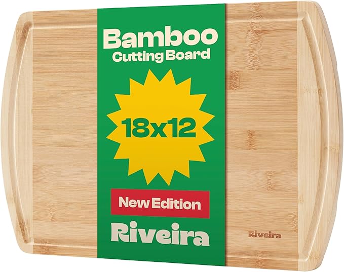 Riveira Two Tone Bamboo Wood Cutting Board – Gourmet Bamboo Grandeur: 18 x 12 Wooden Cutting Board – Wooden Cutting Boards For Kitchen Decorative – Innovative Juice Grooves Wooden Chopping Board