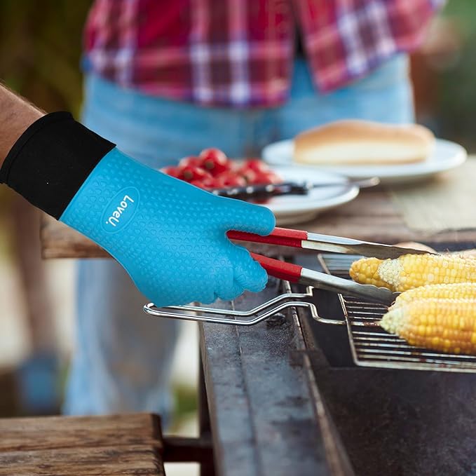 Kitchen Oven Gloves - Dual-Layer Heat Resistant Grilling Gloves, Silicone Oven Mitts with 5 Fingers, Waterproof Non-Slip Pot Holder for Barbecue, Cooking, Baking (Small, Blue Long)
