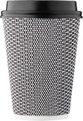 [100 SET]Harvest Pack 12 oz Disposable Coffee Cups, Insulated Ripple Double-Walled Paper Cups with Lids, Black and White Geometric, Drinking Cups for Tea Hot Chocolate Drinks To go coffee cups