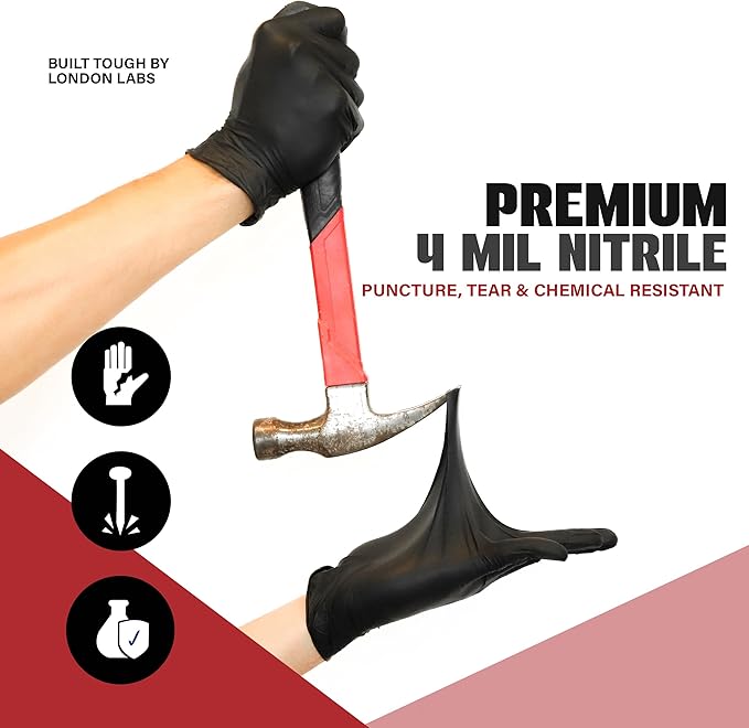 Synsafe 4 Mil - Black Nitrile Exam Gloves –Disposable Latex Free & Powder Free – Extra Strong, Rubber Gloves – First Aid Kit, Medical, EMT, Cleaning, Cooking | Pack of (200 ct)