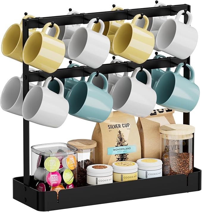 Coffee Mug Holder with 16 Movable Hooks, Metal Coffee Cup Holder for Countertop, 2 Tier Mug Rack with Storage Shelf for Kitchen Office Coffee Mug Rack