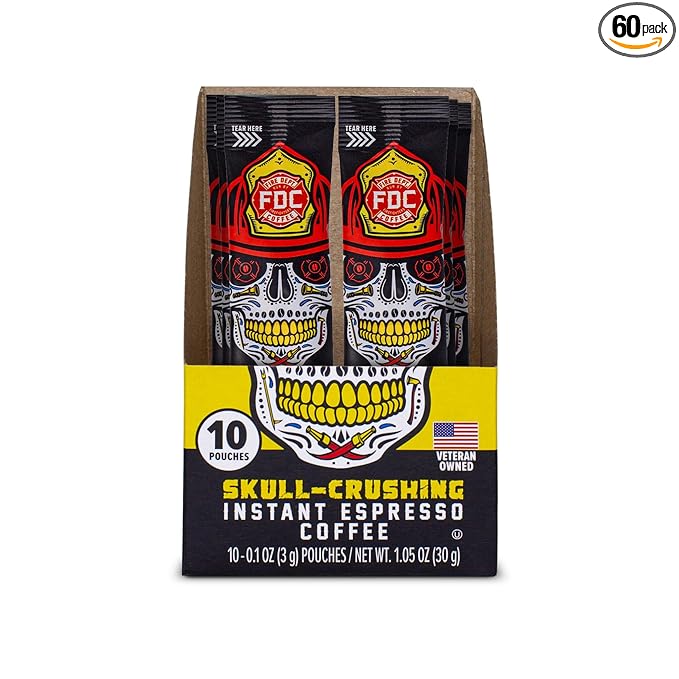 Fire Department Coffee - Skull Crushing Instant Espresso Coffee - Instant Coffee Packets Single Serve - Gives Back to Firefighters - Veteran Owned - Enjoy Hot or Cold (Pack of 60)