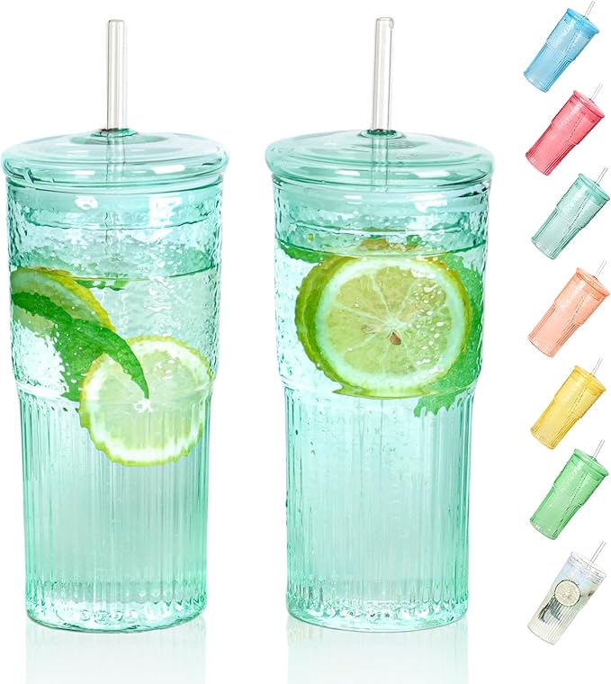 20 OZ Glass Cup with Lids and Glass Straws, High Borosilicate Iced Coffee Glass Tumblers with Lid and Straw for Drinks, 2pcs Reusable Wide Mouth Smoothie Cup(Cyan)