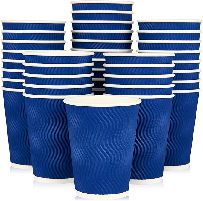 JollyPack 60 Pack 12 oz Paper Coffee Cups, Blue Disposable Beverage Cups with Insulated Ripple Wall for Coffee, Tea, and Hot Chocolate
