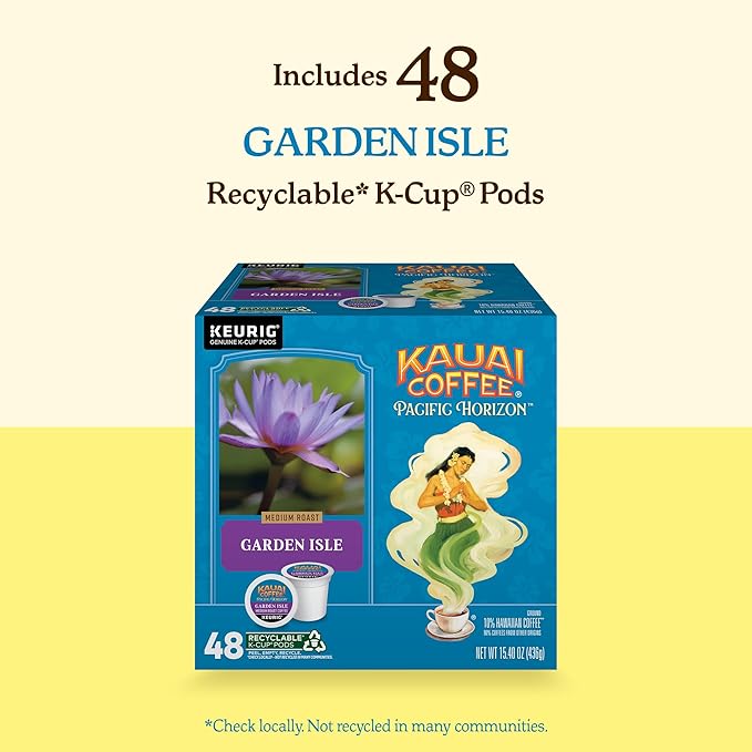 Kauai Coffee K-Cup Pods for Keurig Brewers – Arabica Coffee, 10% Hawaiian – Medium Roast, Bright Aroma With Light Floral Notes – Garden Isle, 1 Pack of 48 Single Serve K-Cups