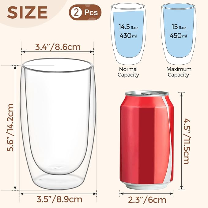 ComSaf 15oz Double Wall Glass Coffee Mugs, Insulated Latte Cups Set of 2, for Coffee, Espresso, Tea, Milk, Clear Cappuccino Cups Set Glassware Gift for Christmas Birthday