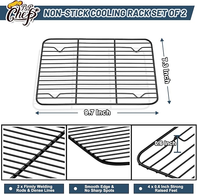 P&P CHEF Cooling Baking Rack Pack of 2, Stainless Steel Cooling Racks for Cooking Baking Roasting Grilling Drying, Dense Wires & Smooth Edge, Easy to clean, Black, 9.7" x 7.3"
